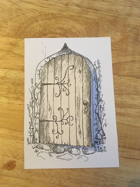 Fairy door illustration. Fairy party invitation. Amy O'Sullivan. Fairy Doors Illustration, Secret Garden Door Drawing, Fairy Doors Drawing, Fairy Door Drawing Simple, Fairy Cards Ideas Inspiration, Magic Door Drawing, Garden Door Drawing, Garden Door Tattoo, Fairy Door Tattoo