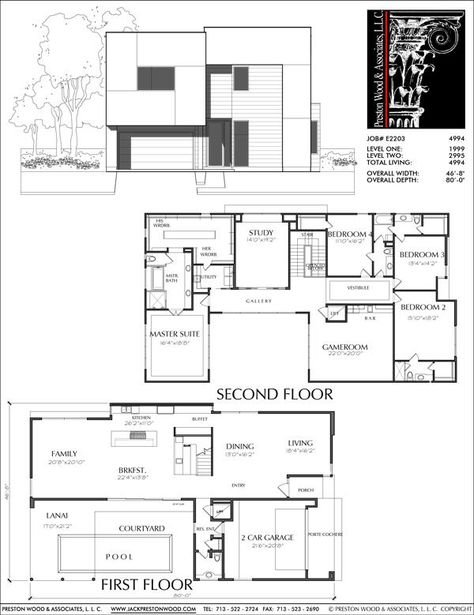 2 Story House Plan, Residential Floor Plans, Family Home Blueprints, D – Preston Wood & Associates House Blueprints Two Story, Beautiful Courtyards, 2 Story House Plans, Home Blueprints, 2 Story House, Narrow Lot House, Basement House Plans, Estate House, Pool House Plans