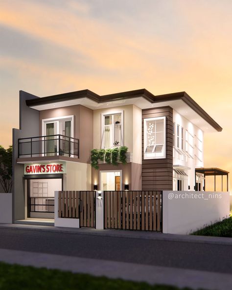 A 3-Bedroom, 2-Bath, TWO STOREY with CONVENIENCE STORE House Design | ANIMATION HOUSE TOUR | cafè mocha, caramel, minimalism, ASUS, design | This is a 3-bedroom, 2-bath Two-storey house with Commercial Space. A simple minimalist house design with touches of brown shades—brown, mocha, and... | By Linya Architectural Design Studio | Facebook Simple Minimalist House, Architectural Design Studio, 2 Storey House Design, 2 Storey House, Café Mocha, Minimalist House, Two Storey House, Minimalist House Design, House Exteriors