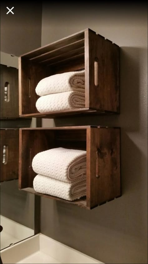 Wooden crate used as towel storage in bathroom! Towel Storage In Bathroom, Storage In Bathroom, Ikea Laundry Room, Small Wooden Crates, Bathroom Towel Storage, Bathroom Organizers, Diy Wooden Crate, Small Bathroom Diy, Chic Bathroom