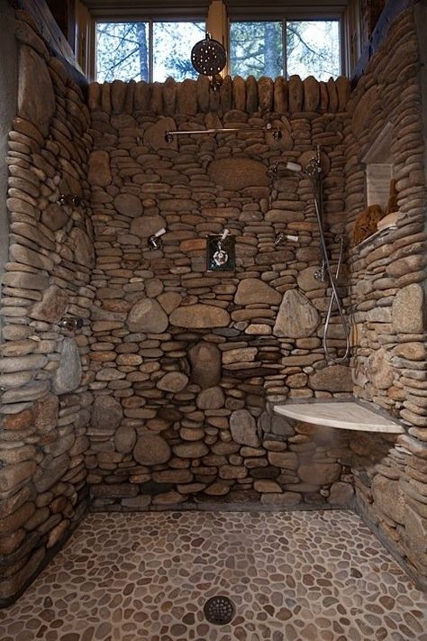 Laurel Nest–Master Bedroom and Bath — Lissy Parker Small Cabin Decor, Rustic Bathroom Shower, Rock Shower, Makeover Kamar Mandi, Cabin Bathroom, Amazing Showers, Stone Shower, Cabin Bathrooms, Rustic Bathroom Designs