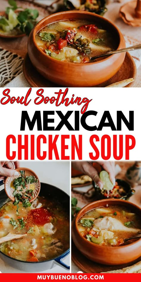 Here is a hearty, comforting and soul soothing Mexican chicken soup you can whip up. Great for those colder nights where you want a hearty and comforting dinner to satisfying your soul. Loaded with spices, herbs, chicken and more. Chicken Pollo Mexican, Chicken Caldo, Tilapia Fish Tacos, Caldo Recipe, Mexican Soups, Mexican Chicken Soup, Chicken Gnocchi Soup Olive Garden, Chicken Pollo, Best Lunch Recipes