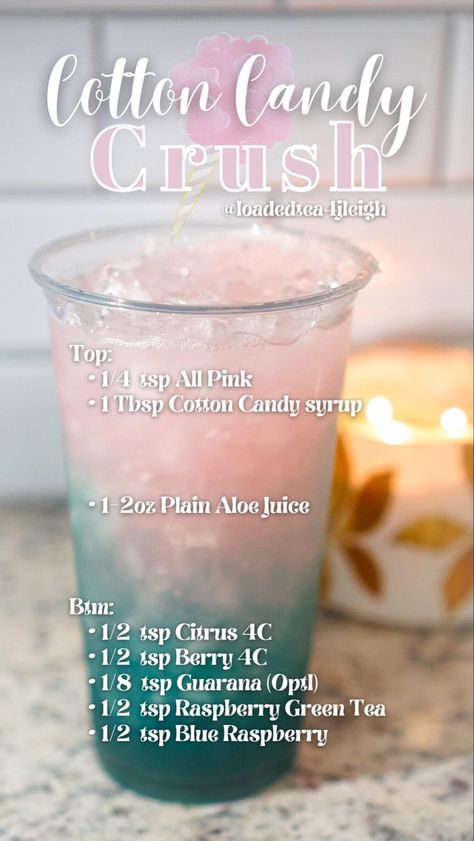 Energy Drink Recipe, Energy Tea Recipes, Tea Recipes Diy, Herbalife Tea, Flavored Water Recipes, Tea Drink Recipes, Loaded Teas, Cotton Candy Flavoring, Loaded Tea