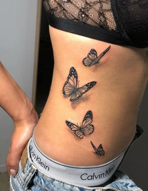 Cute Butterflies Tattoo Tattoos Woman Butterfly, Side Buterfluffy Tattoo, Butterfly Torso Tattoos For Women, Butterflies Going Up Side Tattoo, Butterflies Side Tattoo, Butterfly Tattoo Going Up Leg, Butterfly Tattoo Torso, Butterfly On Back Tattoo, Butterfly Tattoo With Shading