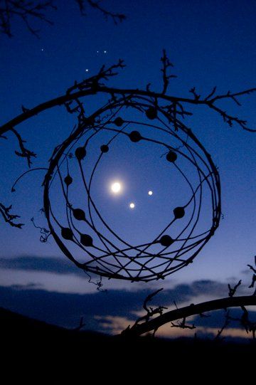 a piece celebrating the triple conjunction of Jupiter, Venus, and the moon by Sally J Smith Venus And Jupiter, Behind Blue Eyes, Sun Moon And Stars, Sun Moon Stars, Beautiful Moon, To Infinity And Beyond, Jolie Photo, Stonehenge, Land Art