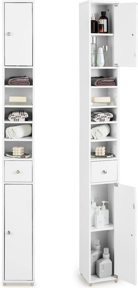 PRICES MAY VARY. 【Ample Storage Space】: With a great combination of adjustable open shelves, cupboard and drawer, this 8" x 8" x 71" tall cabinet makes for a neater bathroom. The cabinet is perfect for storing towels, taller shampoo bottles and detergents. The open shelves and the drawer help store small items such as toothpaste and toothbrushes. 【Adjustable Shelves for Flexible Storage】: The narrow storage cabinet consists of 5 open shelves, 1 drawer and 2 cupboards. The 2 cupboards’ baffles ar Narrow Bathroom Storage Tower, Vertical Cabinet Storage, Small Space In Bathroom Ideas, Slim Cupboard Storage, Tall Narrow Bathroom Storage, Small Bathroom Storage Towels, Small Cabinet For Bathroom, Small Tall Bathroom Ideas, Master Bath Small Space