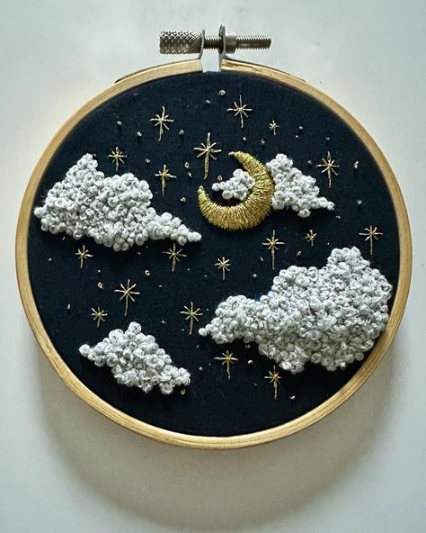 Tiny embroidery hoop  Wall art- lovely as part of a gallery wall. DMC embroidery floss on sashiko cotton, black aida or similar- let me know if you have a preference.  Approximately 20 hours of work go into this little gem.  No two are ever the same as they're freehand stitched straight onto the fabric with no pattern.   Starry night sky with beautiful 3d clouds stitched on deep blue sashiko cotton. This one has flown to its new owner, but more can be made to order- it can take up to two weeks, Tiny Embroidery, 3d Clouds, Golden Embroidery, Embroidery Hoop Wall, Embroidery Hoop Wall Art, Halloween Templates, Dmc Embroidery Floss, Blue Nail Designs, Unique Mothers Day Gifts