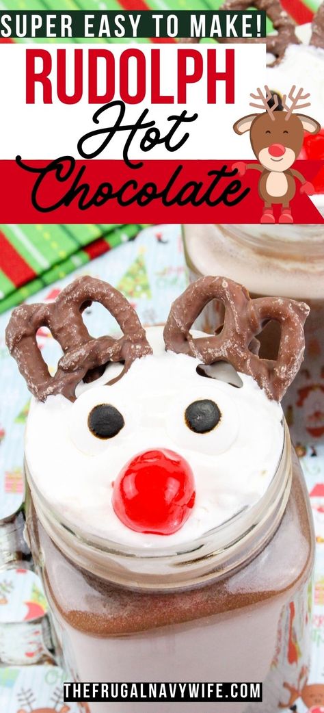 Rudolph hot chocolate is a perfect drink for both kids and adults to get into the holiday spirit plus the kids will love helping you make it! #hotchocolate #rudolph #christmas #winter #drink #reindeer #easyrecipe #kids #frugalnavywife | Rudolph Hot Chocolate | Drink | Winter | Reindeer | Kids | Easy Recipes | Warm Beverage | Christmas | Holiday | Frozen Cream Rudolph, How To Make Reindeer Food For Kids, Christmas Milkshakes For Kids, Rudolph Movie Night, Kids Christmas Drinks, Christmas Drinks For Kids, Snowman Hot Chocolate, Freeze Cream, Kids Drinks