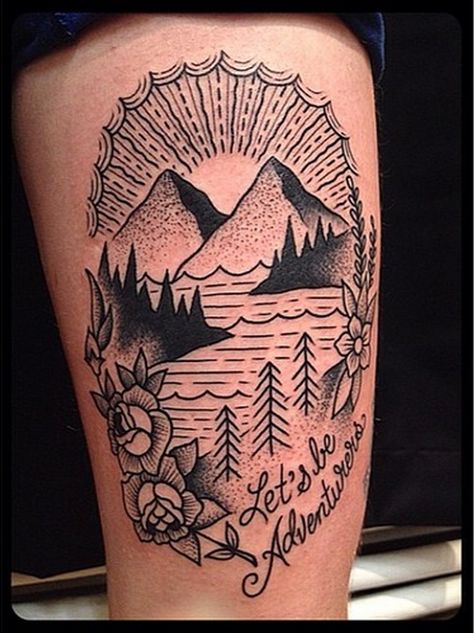 Line work Tattoo Earth, Tattoo Nature, Landscape Tattoo, Mountain Tattoo, Tattoo Cover, Tattoo Life, Nature Tattoos, Tree Tattoo, Trendy Tattoos