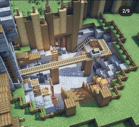 Minecraft Mine House Ideas, Minecraft Building Ideas Blacksmith, Minecraft Mining Village, Minecraft Survival Village Ideas, Minecart Station Minecraft, Minecraft Mining Town, Minecraft Mine Cart Station, Medieval Mine Minecraft, Mining Outpost Minecraft