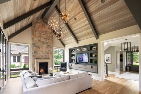 Clad Ceiling, European Country Home, Vaulted Ceiling Lighting, Beams Living Room, Vaulted Ceiling Living Room, Fireplace Wood, Wood Plank Flooring, Art Lighting, Wall Art Lighting