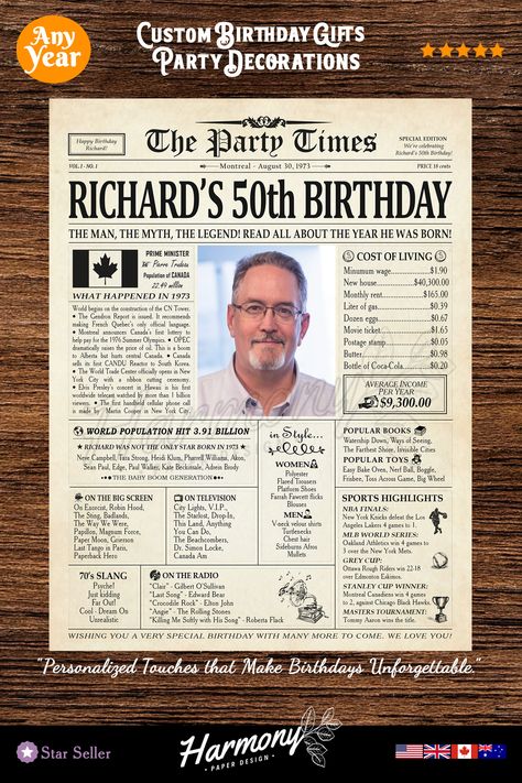 Newspaper Page, Birthday Decors, Birthday Newspaper, Newspaper Gift, Beatles Wallpaper, 50th Birthday Gifts For Men, 62nd Birthday, Newspaper Poster, 42nd Birthday