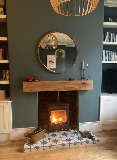 Faux Log Burner Fireplace, Log Burner Mantelpiece, Log Burner New Build House, Cosy Snug Room Ideas Log Burner, Small Log Burner Fireplace, Small Snug Room Ideas Cozy Nook, Living Room Log Burner, Statement Fireplace Wall, Chimney Breast Ideas No Fireplace