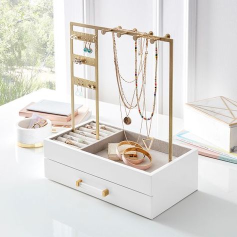 Jewelry Storage & Jewelry Boxes | Pottery Barn Teen Necklace Stand Aesthetic, Jewlerie Organizer, Jewelry Storage Aesthetic, Gold Jewelry Holder, Jewellery Storage Aesthetic, Jelwery Organizers, Jewlerie Organization, Jewelry Organizer Aesthetic, Jewellery Organization