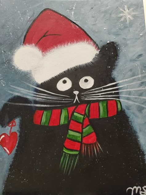 Cat Christmas Painting, Christmas Sip And Paint Ideas, Christmas Paintings For Kids, Christmas Cat Painting, Felted Cards, Cat Painting Ideas, Canvas Paint Party, Kids Paint Party, Kids Painting Party