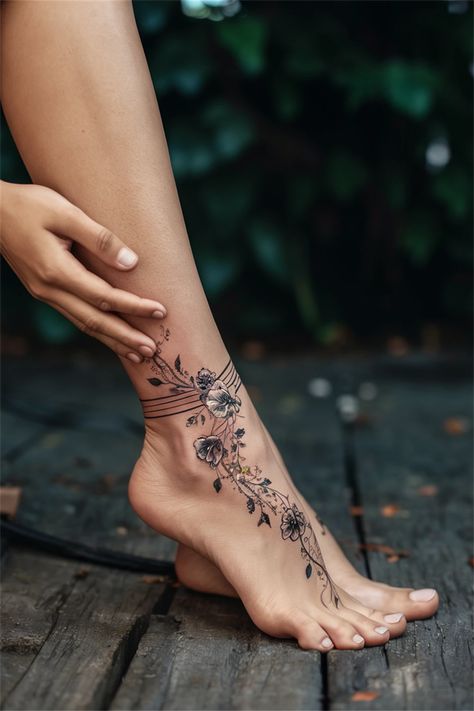 Discover the beauty of ankle tattoos for women with our curated collection of small and meaningful designs. From pretty floral motifs to unique symbols, these tattoos can be both classy and cute. Ankle tattoos offer a perfect canvas for showcasing your individuality, whether you prefer a delicate design or something bold. Explore ideas that range from small accents to stunning illustrations, and find the perfect tattoo that resonates with your style. Ankle Tattoo Ideas Female, Ankle To Foot Tattoos For Women, Delicate Foot Tattoos For Women, Dragon Ankle Tattoo Wrap Around, Women’s Ankle Tattoo, Be Where Your Feet Are Tattoo, Ankle Tatoos Woman, Feminine Forearm Tattoos For Women, Foot Ankle Tattoos For Women