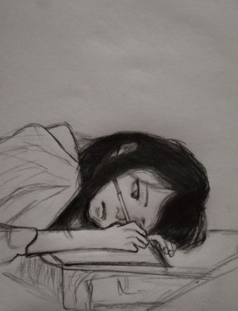 Thinking About Him Drawing, Pencil Drawings Lonliness, Comforting Drawing, Memories Sketchbook, Yawning Drawing, Lonliness Art, Hard Drawings, Sleeping Drawing, Human Sketch