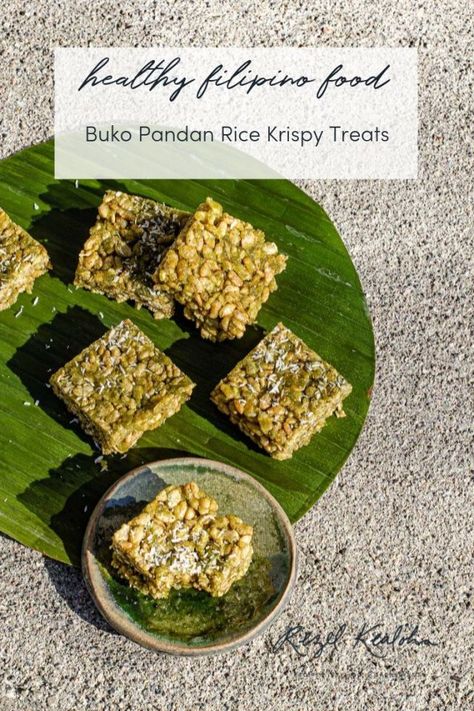 Buko Pandan Rice Krispy Treats  #bukopandan #buko_pandan #pandan #filipinosnacks #filipinofood #filipinodessert #ricekrispies #ricekrispytreats Pandan Rice, Buko Pandan, Filipino Snacks, Butter Mochi, Chia Seed Jam, Vegan Marshmallows, Infused Coffee, Krispy Treats, Rice Krispy