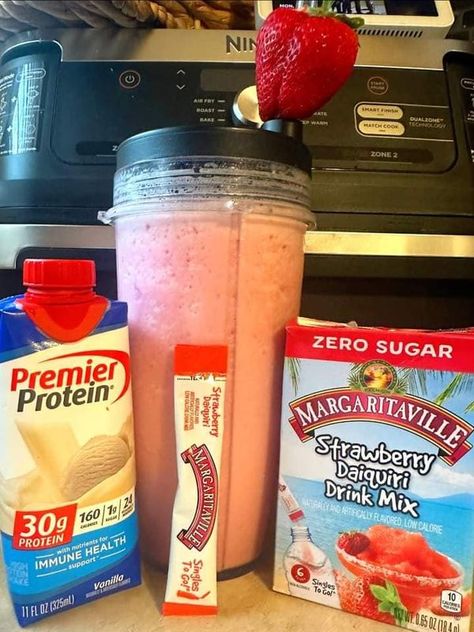 Premier Protein Shake Recipes, Bariatric Recipes Sleeve Liquid Diet, Premier Protein Shake, Protein Shake Drinks, Protein Drink Recipes, Premier Protein Shakes, Recipes Strawberry, Coffee Protein Shake, Strawberry Protein