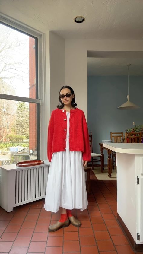 Mya Hansel | This outfit makes me feel safe & joyful !!!❤️‍🔥❤️‍🔥❤️‍🔥 #pinterestaesthetic #springoutfit #scandistyle #redcardigan | Instagram Mya Hansel, Scandi Summer, 60 Degrees, Simple Outfit, Feel Safe, 가을 패션, Spring Summer Outfits, Skirt Outfits, Get Dressed