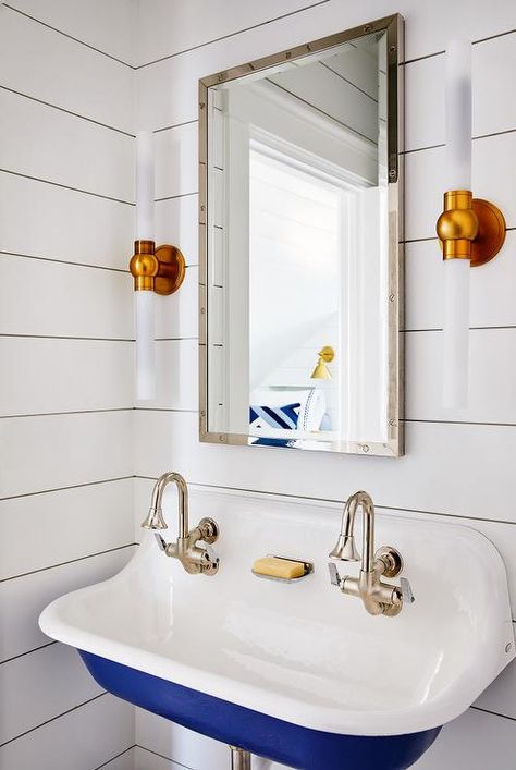 Kohler Brockway Sink, Kohler Brockway, Sink In Bathroom, Floating Sink Vanity, White Shiplap Walls, Elegant Powder Room, Contemporary Powder Room, Framed Medicine Cabinet, Rope Mirror