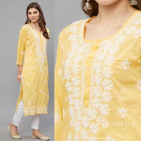 Chikankari Outfits, Kurti Pant Set, Yellow Kurti, Chikankari Kurta, Flower Background Images, Lucknowi Chikankari, Kurti Pant, Kurtis With Pants, Cotton Kurti