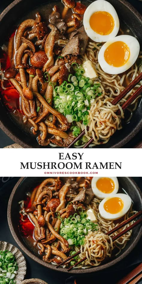 A fast and easy mushroom ramen that has a rich tasting broth and scrumptious toppings. It is a perfect one-pot meal that is hearty, satisfying, and nutritious! {Vegetarian} @peteandgerrys #ad #BelieveInWhatYouBuy Fast Ramen Recipes, One Pot Ramen, Mushroom Broth Recipe, Mushroom Ramen Noodle Recipes, Mushroom Ramen Recipes, Asian Mushrooms, Asian Mushroom Soup, Ramen Broth Vegetarian, Vegetarian Potluck Recipes