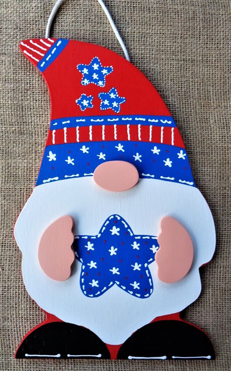 AMERICANA GNOME SIGN Wall Art Door Hanger Plaque Porch Deck Patio Hand Painted Handcrafted Wood Wooden Seasonal Summer 4th Of July Country Wood Crafts, Gnome Ideas, Mason Jar Sign, Summer 4th Of July, Art Door, July Holidays, July Ideas, Porch Deck, Outdoor Display