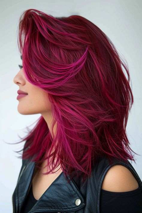 Red Highlights On Short Hair, Pomegranate Hair Color, Fall Fashion Color Hair, Starfire Hair Color, Pink With Black Hair, Unique Haircolors, Multicolor Red Hair, Burgundy And Magenta Hair, 3 Color Hair Dye Ideas