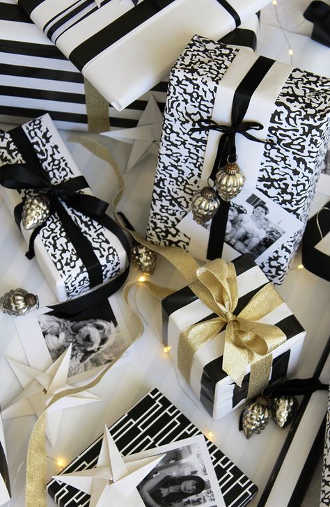 Luxury Christmas Gift Wrapping, Manly Gift Wrapping Ideas, Black White Christmas Wrapping, Black And White Christmas Gift Wrap, Professional Gift Wrapping, Black Christmas Wrapping Ideas, Luxury Christmas Wrapping, Professional Gift Ideas, Creative Corporate Gifts