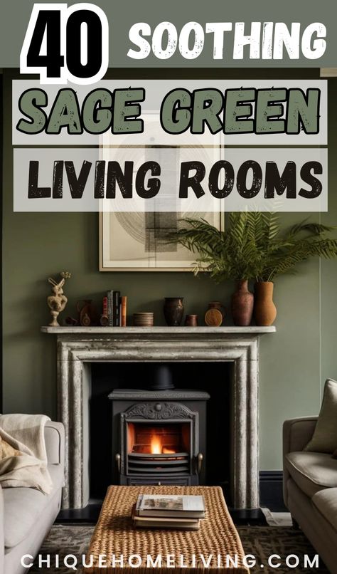 Green Living Rooms With Fireplace, Green And Sand Living Room, Sage Beige Living Room, Moody Sage Green Living Room, Green Livingrooms Design, Green Accent Wall Living Room Modern, Sage Green Cottage Living Room, Green And Cream Living Room Ideas, Small Green Living Room Ideas