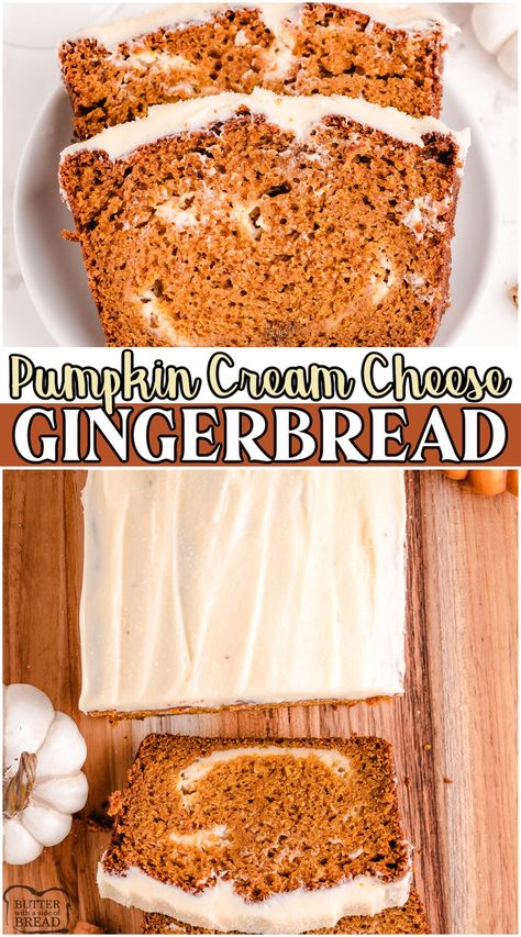 gingerbread, pumpkin, baking, dessert Healthy Pumpkin Bread With Cream Cheese, Moist Pumpkin Bread With Cream Cheese, Cream Cheese Swirl Pumpkin Bread, Cream Cheese Swirled Cinnamon Pumpkin Bread, Cream Cheese Swirled Pumpkin Butter Bread, Sweet Quick Bread, Pumpkin Molasses, Gingerbread Pumpkin, Roasted Pumpkin Recipes