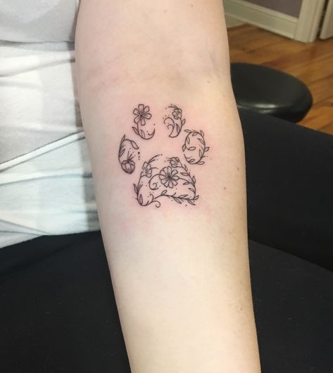 floral paw print tattoo elbow Memorial Cat Paw Print Tattoo, Floral Paw Tattoo, Cat Paw Flower Tattoo, Floral Dog Print Tattoo, Cute Paw Print Tattoos, Sunflower And Paw Print Tattoo, Daisy Cat Tattoo, Paw Tattoo With Flowers, Floral Dog Paw Tattoo