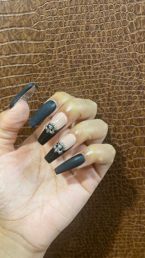 Nails with matte and gloss top coat and cross gems and French tips French Tip Matte Nails, Black French Tip Matte, Black French Tip, Cross Nails, Black French Tips, Black French, Gem Nails, French Tips, Dope Nails