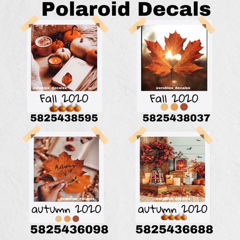 My decals can be found on instagram @xroblox_decalsx Fall Painting Codes Bloxburg, Fall Bedroom Bloxburg Ideas, Bloxburg Halloween Picture Codes, Fall Roblox Decals, Autumn Decals Bloxburg, Fall Decal Codes Bloxburg, Fall Decal Codes, Bloxburg Halloween Decals Codes, Fall Decals Bloxburg