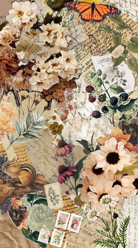 Muted Autumn #autumn #fall #vintage #october #leaves #chipmunk #flowers #scrapbook #beige #brown Monarch butterfly #stamps Fall Butterfly, October Leaves, Vintage October, Muted Autumn, Fairycore Aesthetic, Floral Aesthetic, Fall Vintage, Mac Wallpaper, Brown Fall