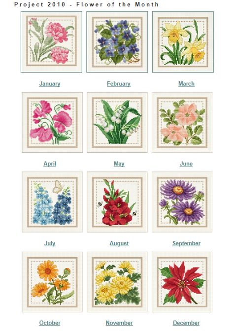 EMS Flower Calendar - Project 2010 (Flower of the Month): free patterns Botany Prints, Flower Of The Month, Floral Cross Stitch Pattern, Beautiful Cross Stitch Pattern, Nature Cross Stitch, Pola Kristik, Beautiful Cross Stitch, Cross Stitch Patterns Flowers, Cross Stitch Bookmarks