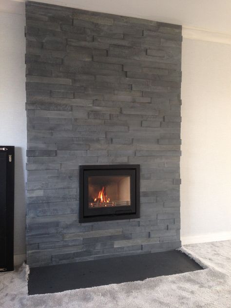 Wood Burner Fireplace Ideas Modern, Inset Log Burners, Slate Fireplace Surround, Contemporary Wood Burning Stoves, Wood Fireplace Inserts, Lounge Vibes, Slate Cladding, Wood Burner Fireplace, Wood Burning Stoves Living Room