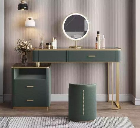 Stylish green dressing table with round mirror, 3 drawers and cozy foamy stool design ideas Dressing Table Stool Design, Luxury Bedroom Dresser, Stool Design Ideas, Green Dressing Table, Table With Round Mirror, Princess Dresser, Dressing Table Ideas, Green Dressing, Dressing Table Lights