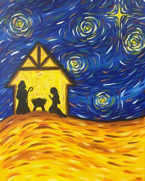 Christmas Art Painting Acrylic Nativity, Starry Night Nativity Scene, Famous Christmas Paintings, Manger Scene Drawing, Stary Night Christmas, Easy Manger Scene Painting, Nativity Scene Art For Kids, Nativity Painting For Kids, Nativity Star Craft