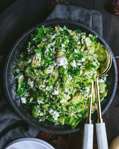 Shaved Brussel Sprout Salad with Feta and Mint - Cosette's Kitchen Lemon Garlic Dressing, Shaved Brussel Sprout Salad, Shaved Brussel Sprouts, The Best Chocolate Chip Cookies, Sprout Salad, Salad With Feta, Best Chocolate Chip Cookies, Shredded Brussel Sprouts, Mint Salad