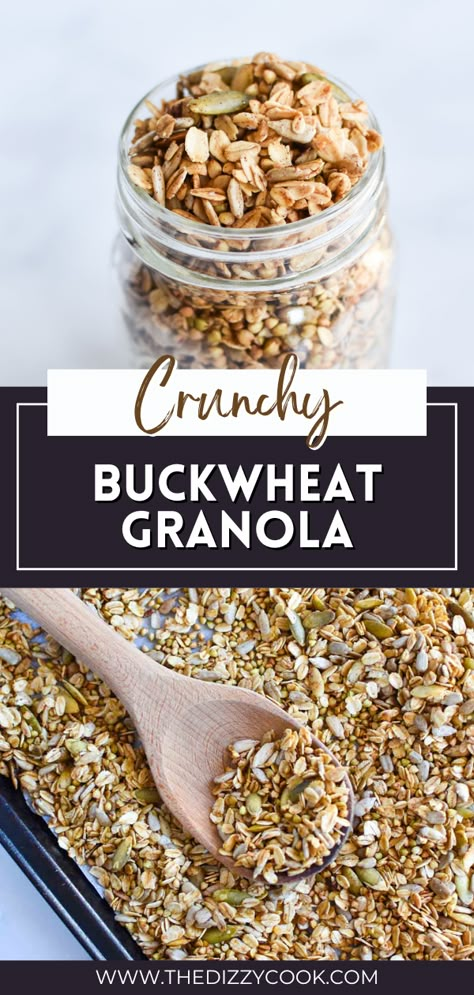 This crunchy recipe is gluten free and nut free, perfect to top on oats, smoothie bowls, or just have as a snack! This is also a perfect low histamine granola option! Serve this buckwheat granola with acai bowls or whipped cottage cheese. Buckwheat groats don't get soggy like a lot of oats or other types of cereals do so it's perfect as a topping for smoothie bowls! Buckwheat Cereal Recipes, Puffed Buckwheat Recipes, Buckwheat Side Dish Recipes, Buckwheat Groats Recipes Breakfast, How To Cook Buckwheat Groats, Buckwheat Granola Recipe, Gluten Free Rusks Recipes, Buckwheat Groats Recipes, Menstrual Food