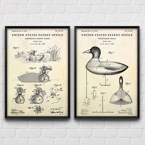 Duck Decoy Vintage Patent Wall Art, Duck Hunting Blueprint Poster, Hunter Gift, Lodge Decor, Set Of 2 Prints by Voloshky on Etsy Cottage Vintage, Duck Decoys, Gifts For Hunters, Lodge Decor, Duck Hunting, Vintage Decor, Art Mural, Hunting, Paper Party Supplies