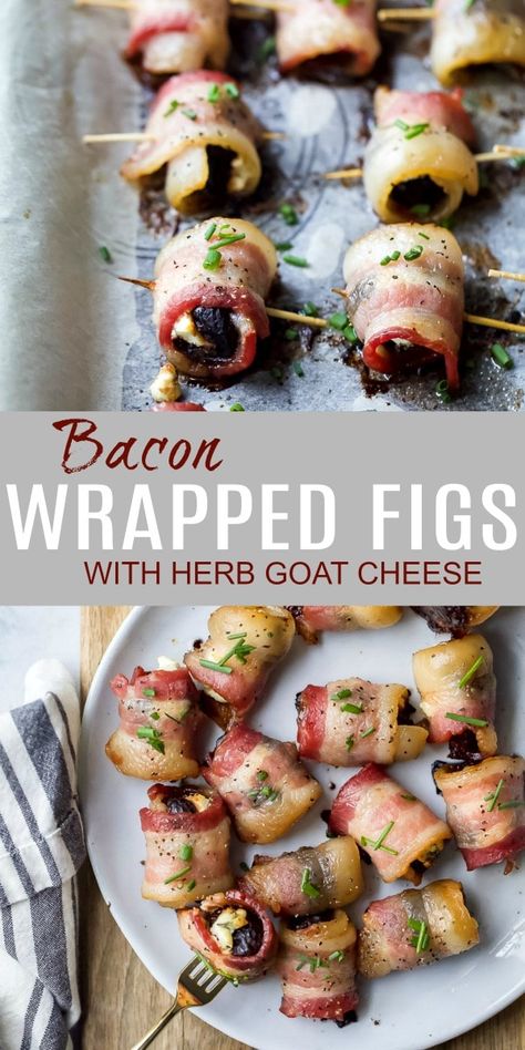 Bacon Wrapped Figs stuffed with an herb goat cheese - sweet salty deliciousness that will be gone in seconds! These easy wrapped figs will make the perfect holiday appetizer - plus bacon. #glutenfree #partyfood #valentinesday Bacon Wrapped Figs, Herb Goat Cheese, Fig Appetizer, Horderves Appetizers, Stuffed Dates, Bacon Appetizers, Fig Recipes, Holiday Appetizer, Beer Cheese