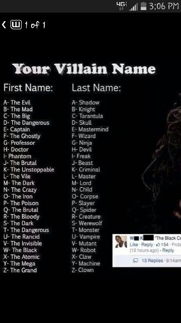 So uh iam the evil creature , so you use your first letter of your name and last name . Evil Shadow, Funny Name Generator, Evil Monster, Scenario Game, Birthday Scenario, Villain Names, Funny Facebook Status, Fantasy Names, Name Games