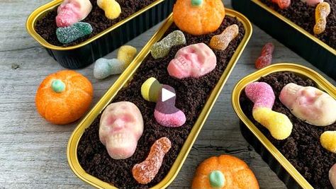 14K views · 273 reactions | Mini Halloween Dirt Cakes 😍 | Mini Halloween Dirt Cakes 😍

These little Halloween cakes are so quick and easy to make! Only 3 ingredients needed for the cake batter, then let your... | By Fitwaffle | Let's make mini halloween dirt
cakes. Start by separating the Oreos and set aside the cream
then finally crush up the biscuit. Pour them into a bowl
mix with baking powder then pour in warm milk and whisk
until smooth then whisk in the Oreo cream. Pour the butter
into mini loaf tins or ramekins and baking the oven. For the
icing, whisk together batter, icing sugar, and cocoa powder,
add in a little milk if needed, then whisk again until smooth.
Pipe on to the cooled cakes and smooth it out. Then top with
crushed Oreos and halloween decorations like pumpkins
skulls Dirt Cakes, Halloween Dirt, Oreo Cream, Dirt Cake, Crushed Oreos, Mini Loaf, Little Cakes, Icing Sugar, Warm Milk