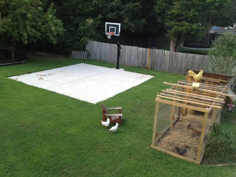 Backyard basketball on a concrete slab. Well done. Basketball Backyard, Diy Basketball Court, Basketball Court Ideas, Backyard Court, Backyard Basketball Court, Boys Room Diy, Home Basketball Court, Diy Basketball, Basketball Court Backyard