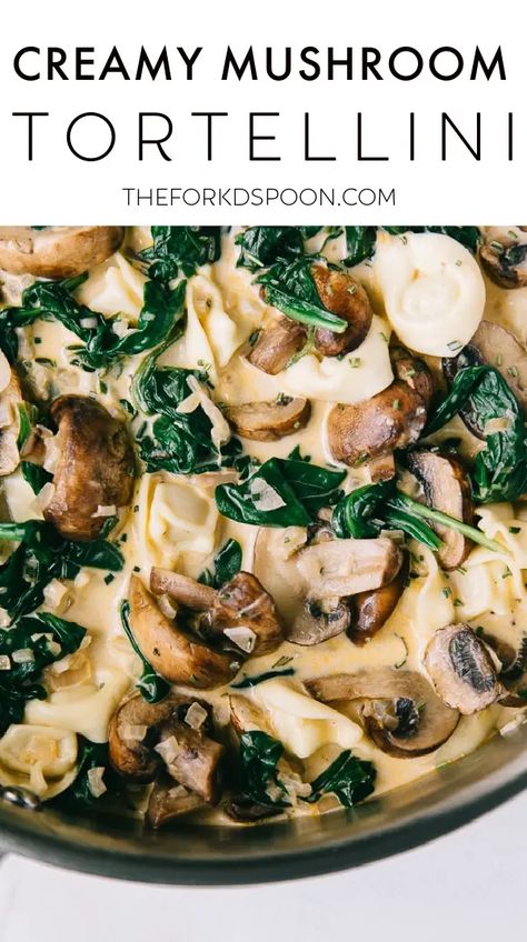 One-Pot Creamy Spinach Mushroom Tortellini is an easy and delicious meatless dinner bursting with tender spinach and juicy, perfectly cooked mushrooms. Ready in just 30 minutes, the whole family will love this comforting weeknight pasta recipe. Spinach Mushroom Tortellini, Creamy Mushroom Tortellini, Tortellini With Spinach, Mushroom Tortellini, Cooked Mushrooms, Fettucini Alfredo, Drink Presentation, Tortellini Recipe, Weeknight Pasta