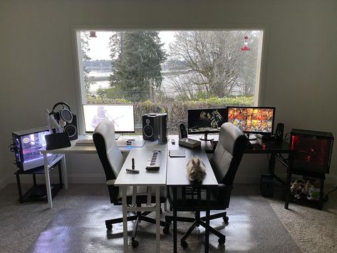 His And Hers Gaming Setup Home Office, Couple Gaming Desk Setup, 2 Desk Gaming Setup, 2 Desk Game Room, Couple Set Up Gamer, Couple Gaming Setup Aesthetic, Matching Pc Setups Couple, Couples Gamer Room, His And Her Office Space Home Couple