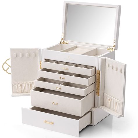 PRICES MAY VARY. 6 Layer & 4 Drawers - Vlando 6-tier jewelry box has multiple layers with different compartments and layouts to keep all your jewelry sorted and organized; 4 Drawers with different compartments to store different size jewelry, keep all your jewelry organized; 2 Swing Out Cabinets - 8 Rows of Necklace Hooks comes with ideal height so all your necklaces, even the longer ones, will fit perfectly in your pocket without tangling. Logo Handle & Mirrored - The Jewelry organizer has a mi Large Jewelry Organizer, Mirror Jewellery, Box Mirror, Jewellery Storage Display, Mirror Jewelry Storage, Hardware Jewelry, Jewelry Box Mirror, Large Jewelry Box, Leather Jewellery